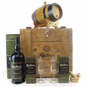 Ardbeg Uigeadail   in Crate with Wooden Barrel Decanter and Tasting Glasses