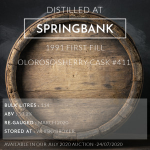 1 Springbank 1991 First Fill Oloroso Sherry Cask #411 / Cask in storage at Whiskybroker