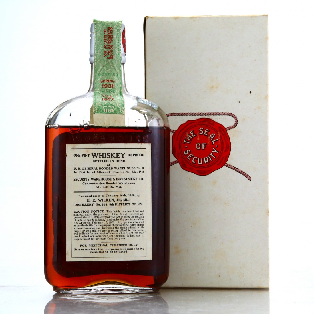 Gold Seal 1917 Bottled in Bond Whiskey Pint / Prohibition Era Bottling