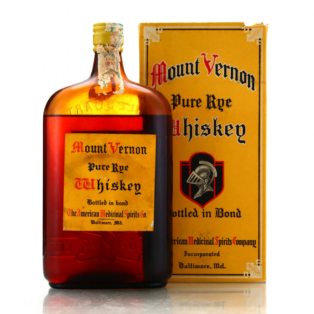 Mount Vernon AMS Co Bottled in Bond Pure Rye Quart 1933 / Prohibition