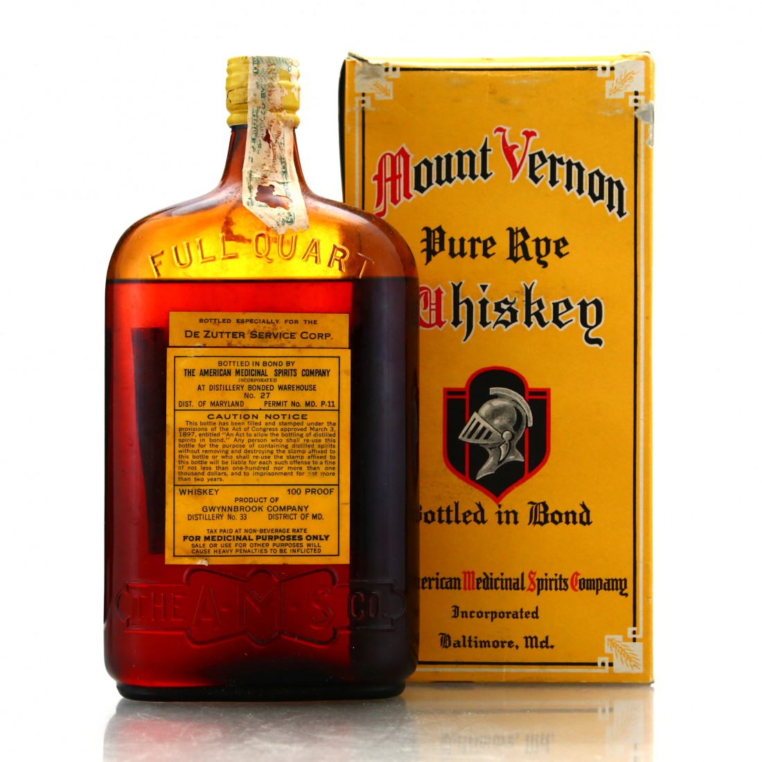 Mount Vernon AMS Co Bottled in Bond Pure Rye Quart 1933 / Prohibition