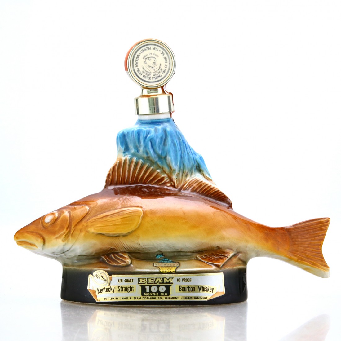 Jim Beam 100 Months Old Fresh Water Fishing Hall of Fame Decanter 1970s