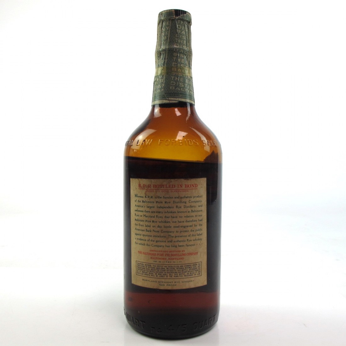 B.P.R. Maryland Straight Rye Whiskey Circa 1940's Whisky Auctioneer